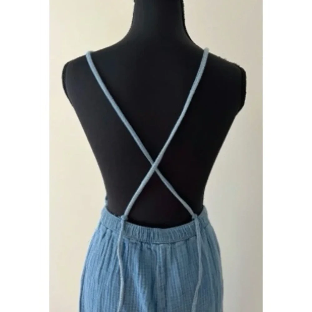 American Eagle Blue Gauze Wide Leg Jumpsuit Tie Back‎ Size Large